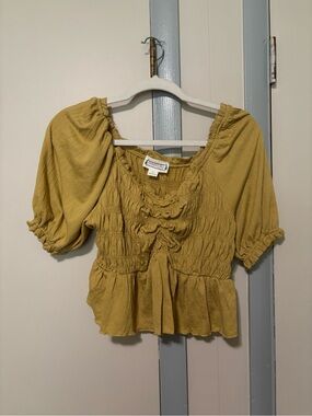 Love Riche Mustard Yellow Smocked Peasant Blouse